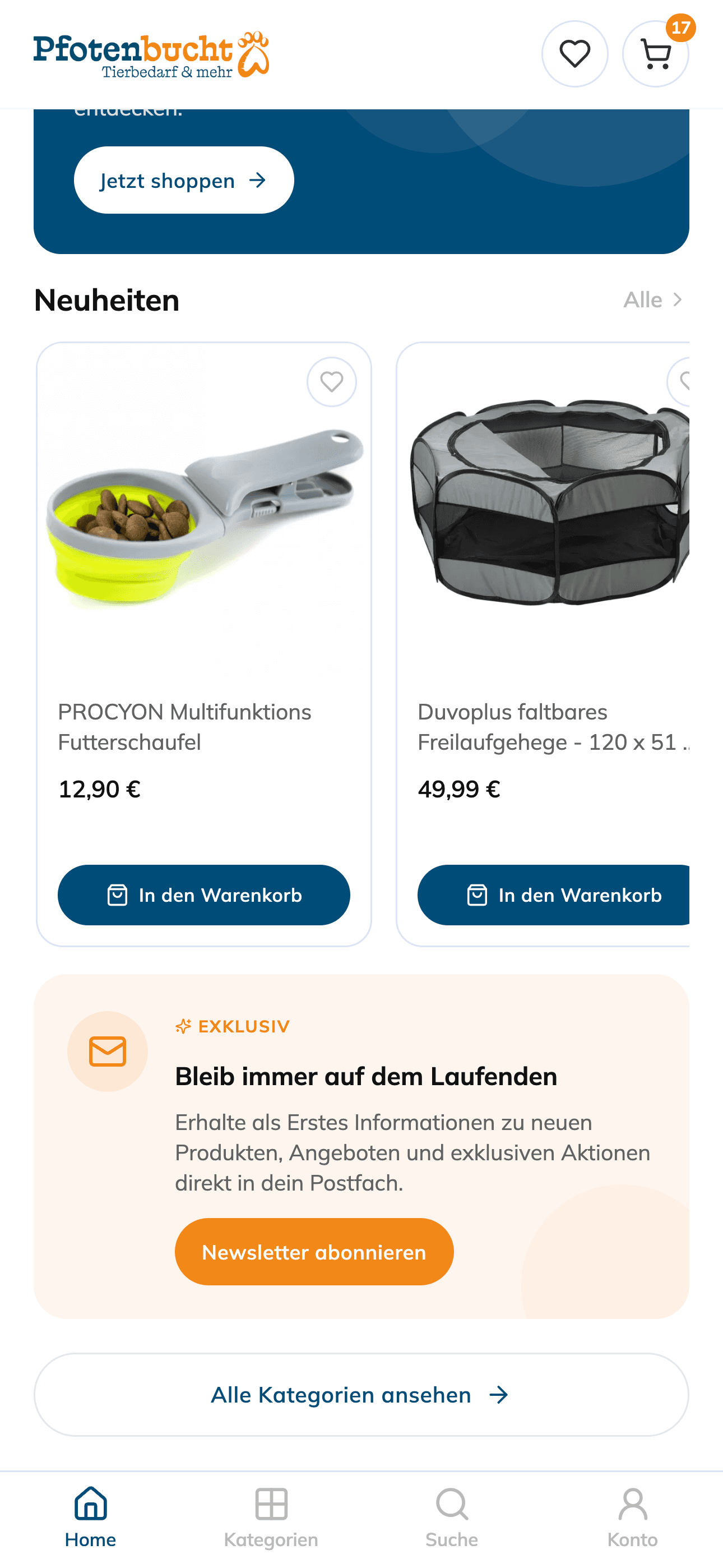 Beispiel einer Shopware 6 Mobile Commerce App im Pfotenbucht Design