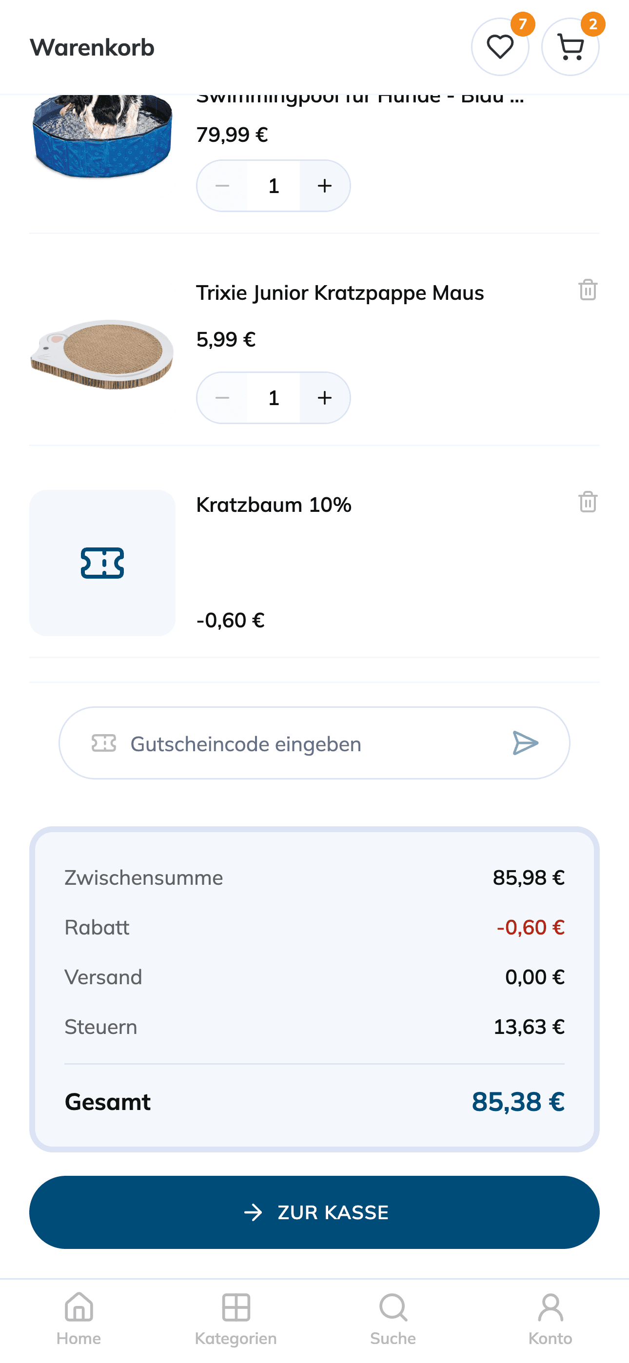 Warenkorb-Beispiel einer Shopware 6 Mobile App mit Gutschein, Summen und Checkout-CTA